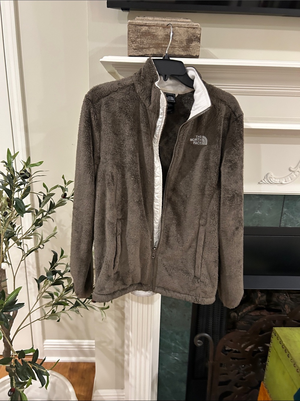 The North Face Men's Dark Brown Plush Fleece Jacket with White Trim